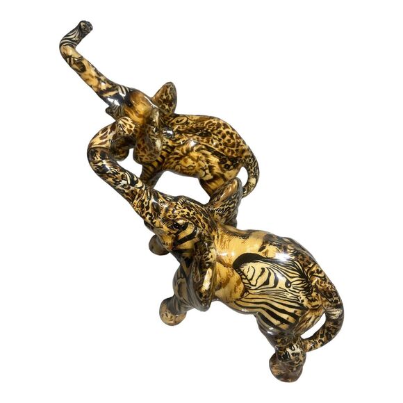 Lot of 2 La Vie Trunk Up Elephant Figurine Safari Animal Print Patchwork Ceramic - Picture 9 of 17